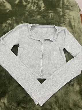 Light Gray Ribbed Button-Front Women's Cardigan